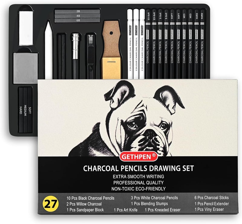 GETHPEN 27 Piece Charcoal Drawing Set - Professional Black & White Charcoal Pencils for Sketching, Shading & Blending, Graphite Sticks with Artist Art Supplies Kit (Beginners & Professionals) - Image 1